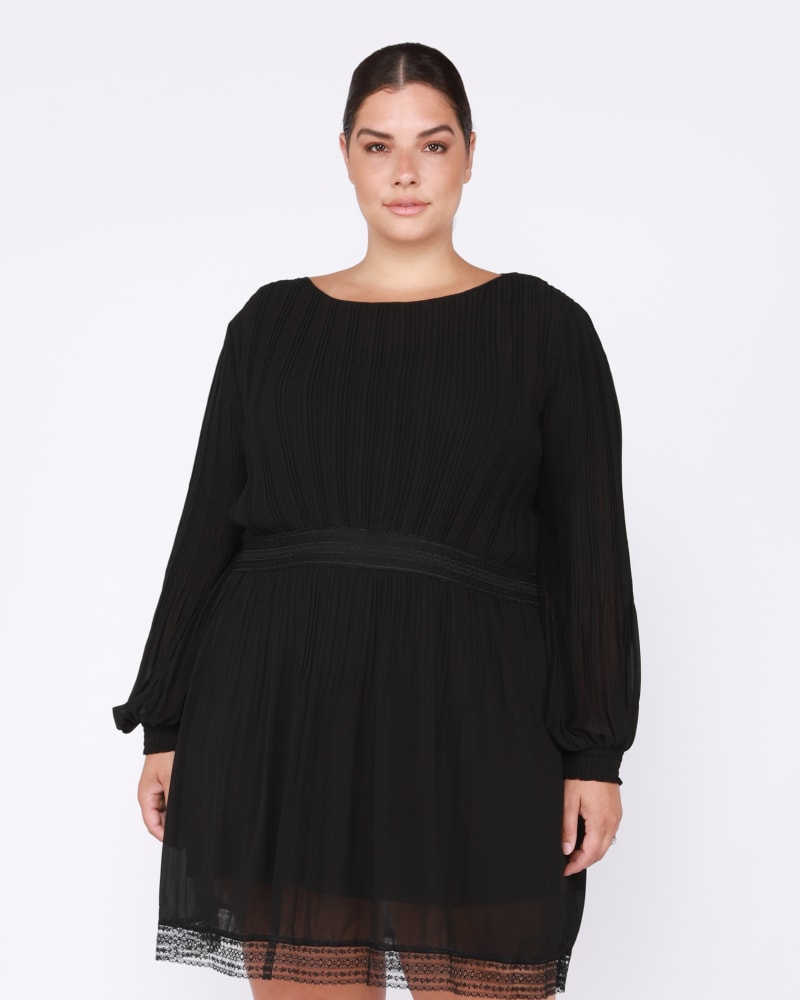 Front of a model wearing a size 0X Ivy Pleated Dress in Black by DEX PLUS. | dia_product_style_image_id:239833
